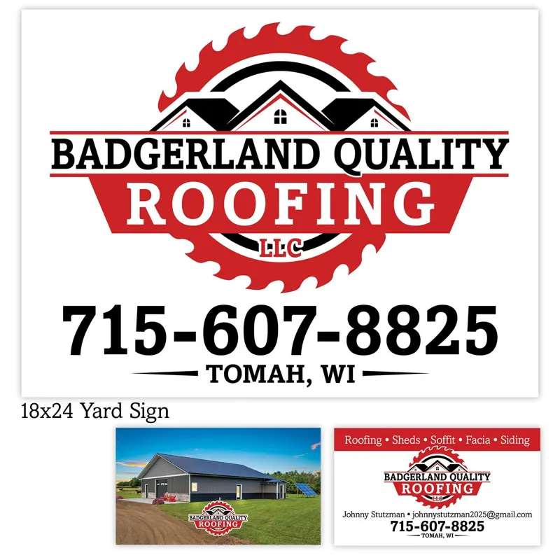 Badgerland Quality Roofing LLC public business graphic: red sawblade and black roof silhouettes